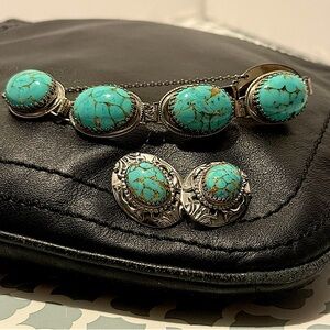 Whiting & Davis Signed Stunning Blue Glass Cabochon Bracelet & earrings